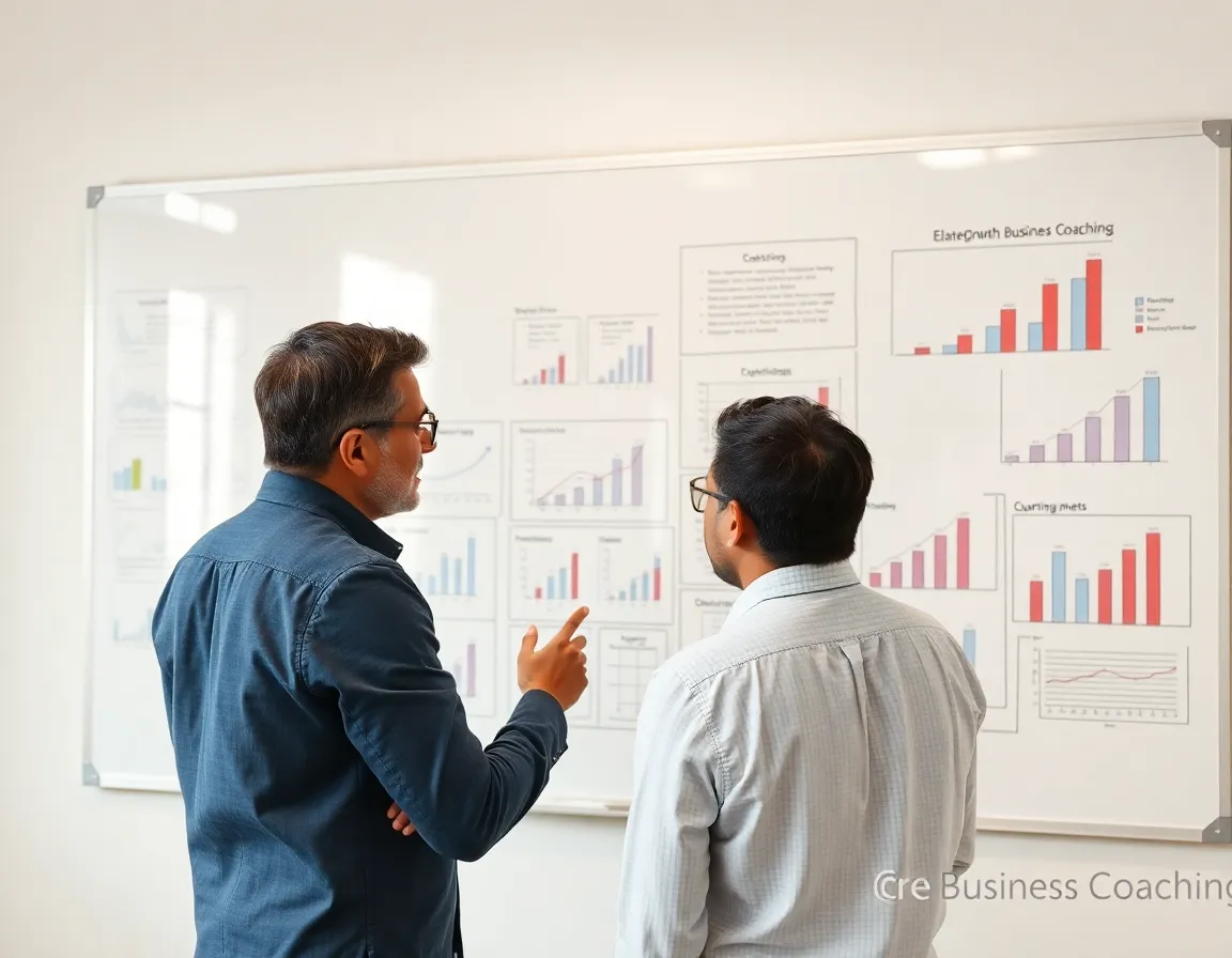 A business owner brainstorming with a coach in front of a whiteboard covered in strategic plans and growth charts.