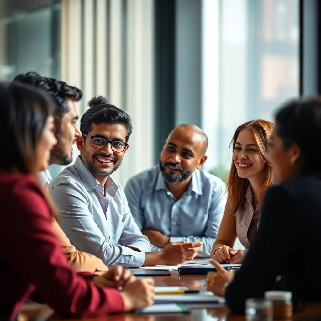 A diverse corporate team engaged in a dynamic, collaborative workshop led by a facilitator.
