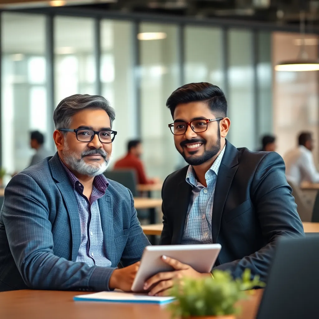 A mentor providing guidance to a young startup founder in a modern co-working space in India.