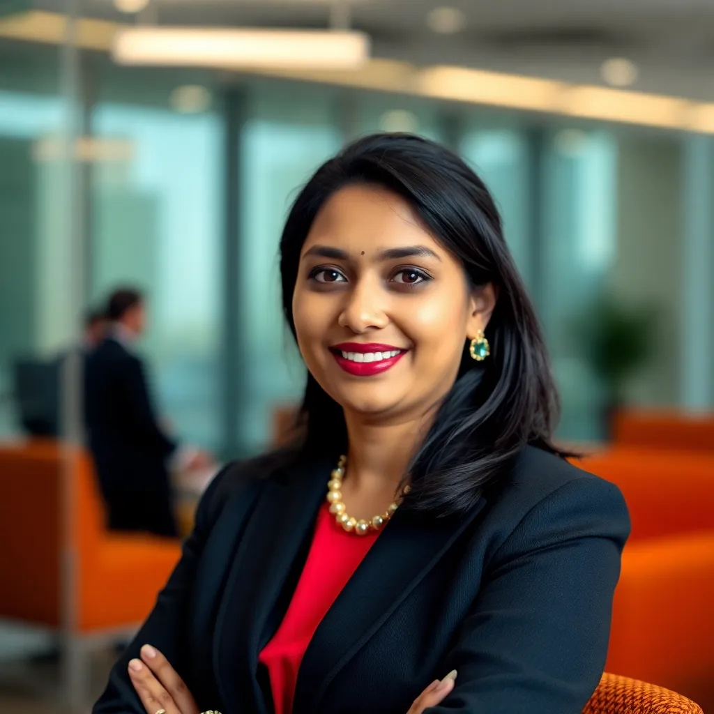 Confident Indian female COO in her early 40s, professional attire.